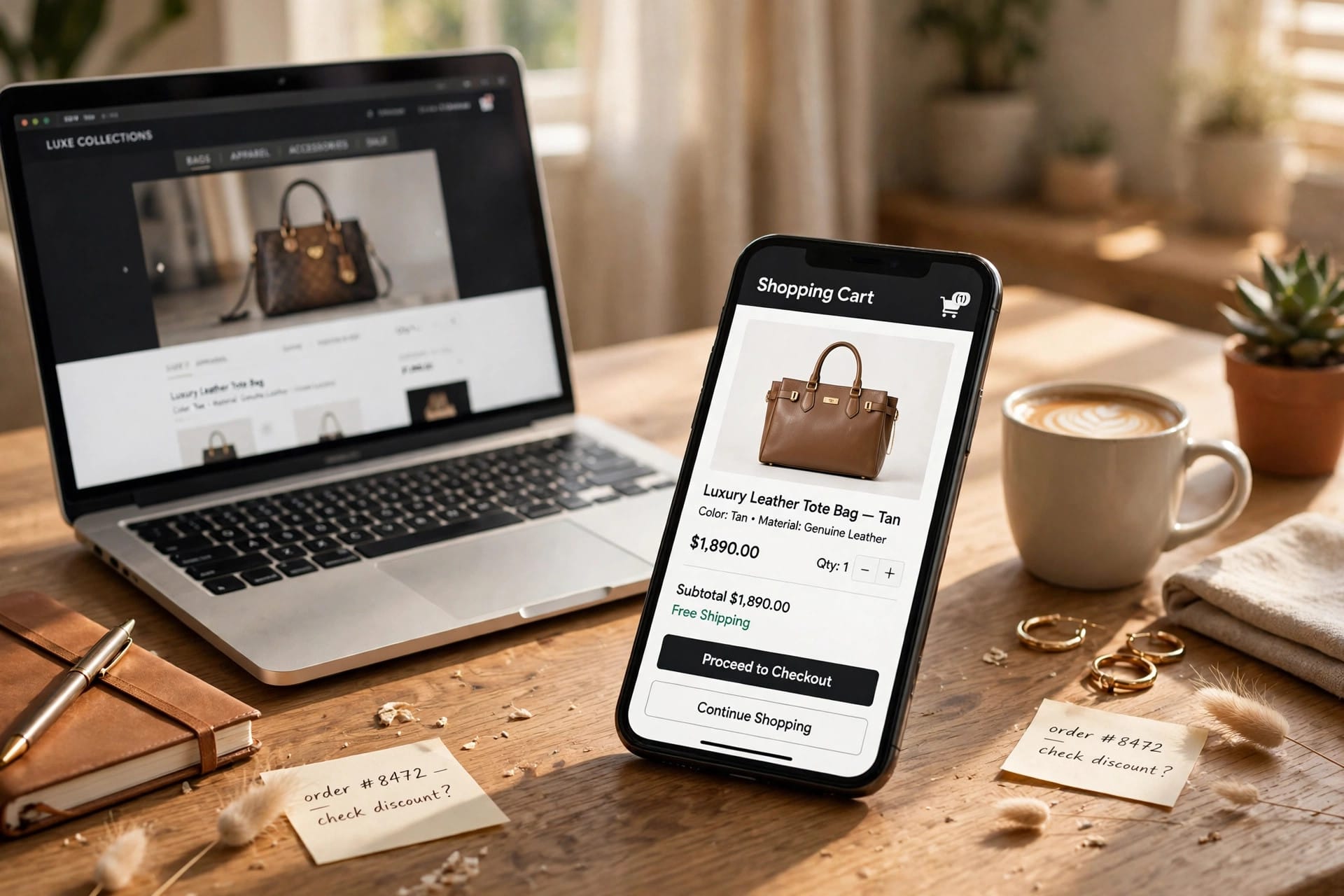 Smartphone showing a luxury handbag in an online shopping cart