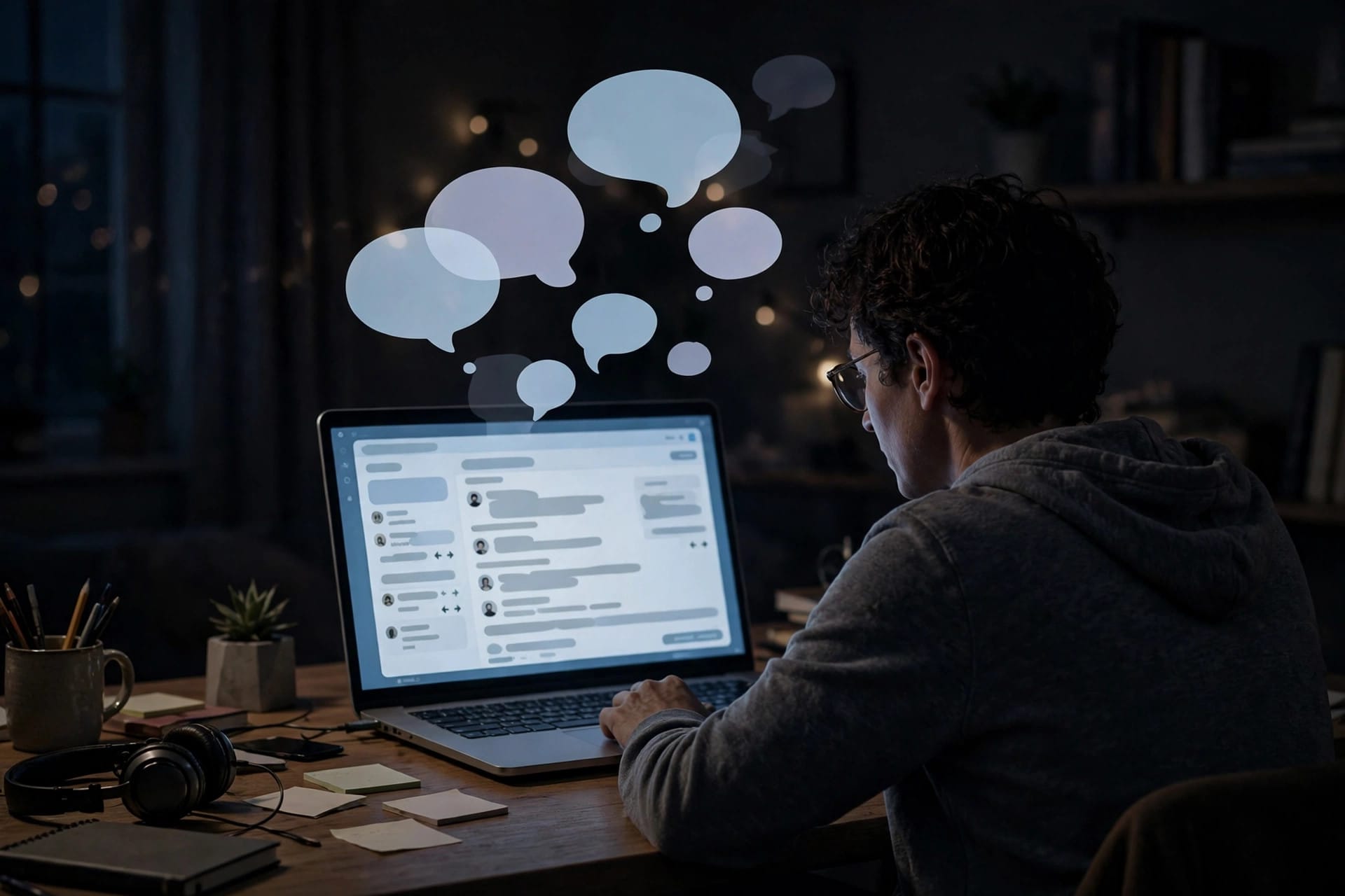 Person reading an online discussion forum on a laptop at night, with speech bubbles above the screen
