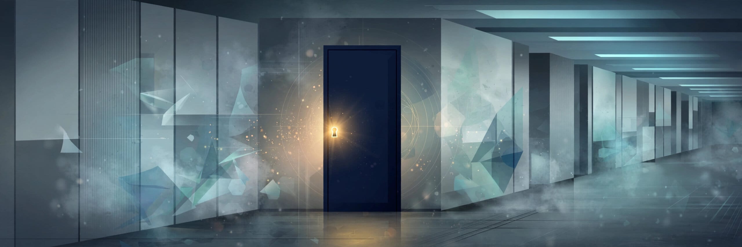 Closed door with a glowing keyhole in a modern corridor, symbolizing gated online access