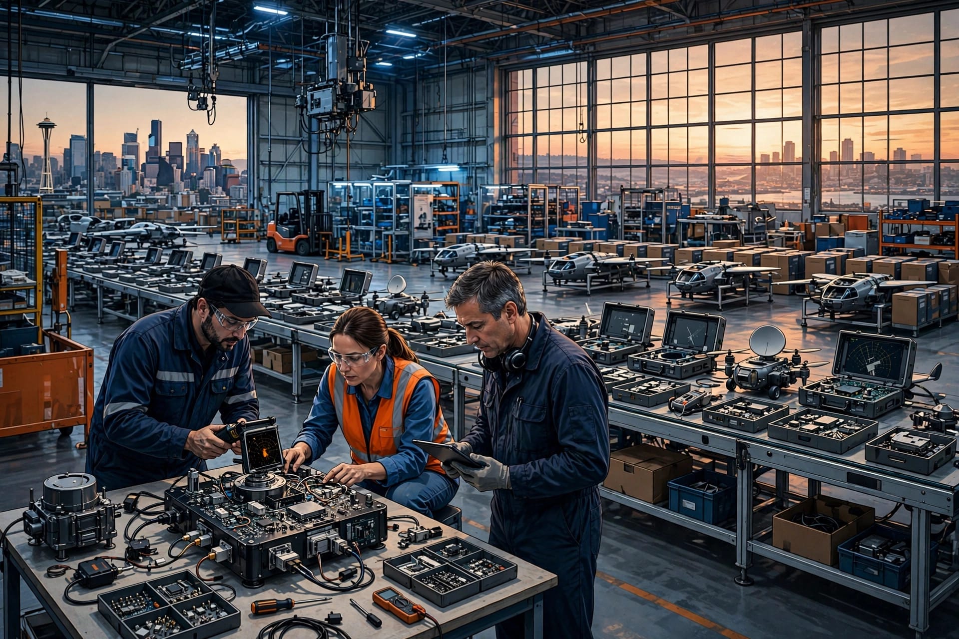 Engineers inspecting the Reliable Autonomy System and radar unit inside an aircraft hangar