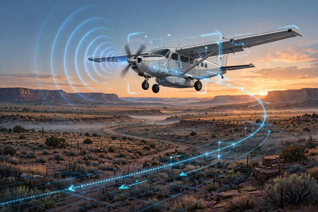 Reliable Robotics autonomous Cessna Caravan flying over rural New Mexico with its autonomy flight path traced