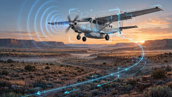Reliable Robotics autonomous Cessna Caravan flying over rural New Mexico with its autonomy flight path traced