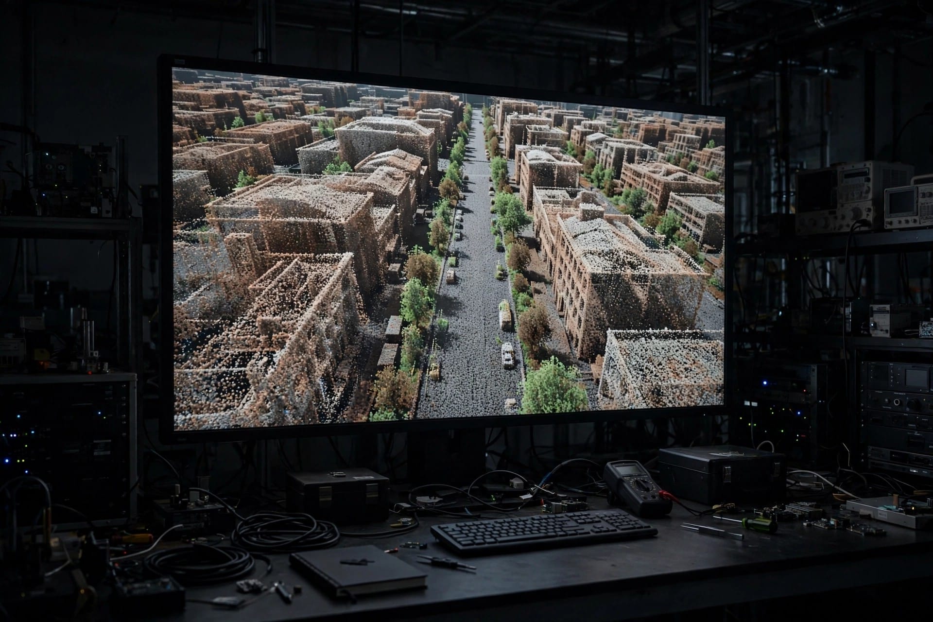 A 3D point-cloud model of a city street on a large screen in an engineering lab