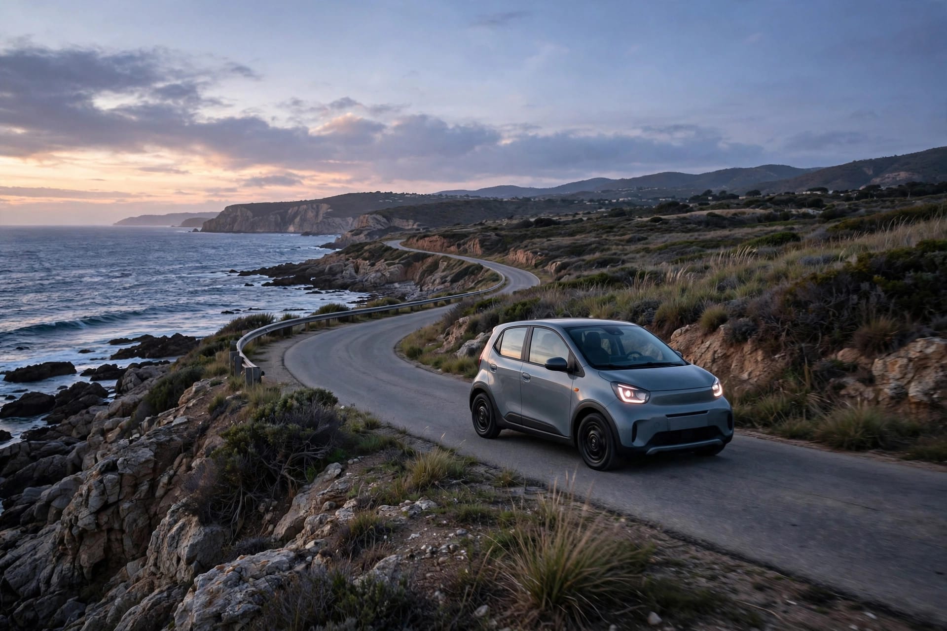 Small compact electric hatchback driving on a coastal road at dusk
