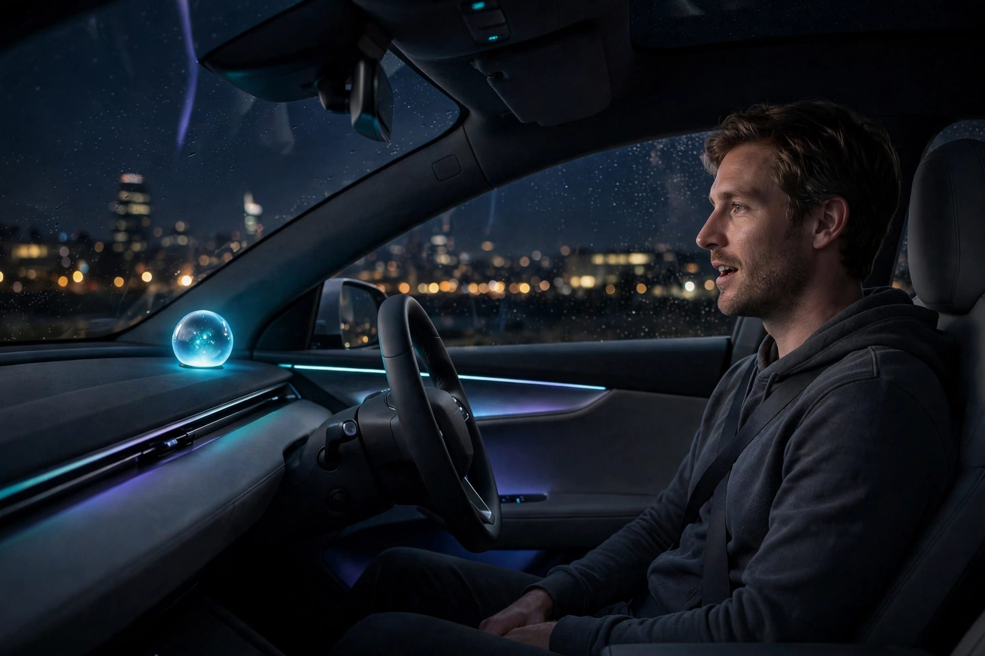 Driver speaking to a glowing voice assistant light on a car dashboard at night