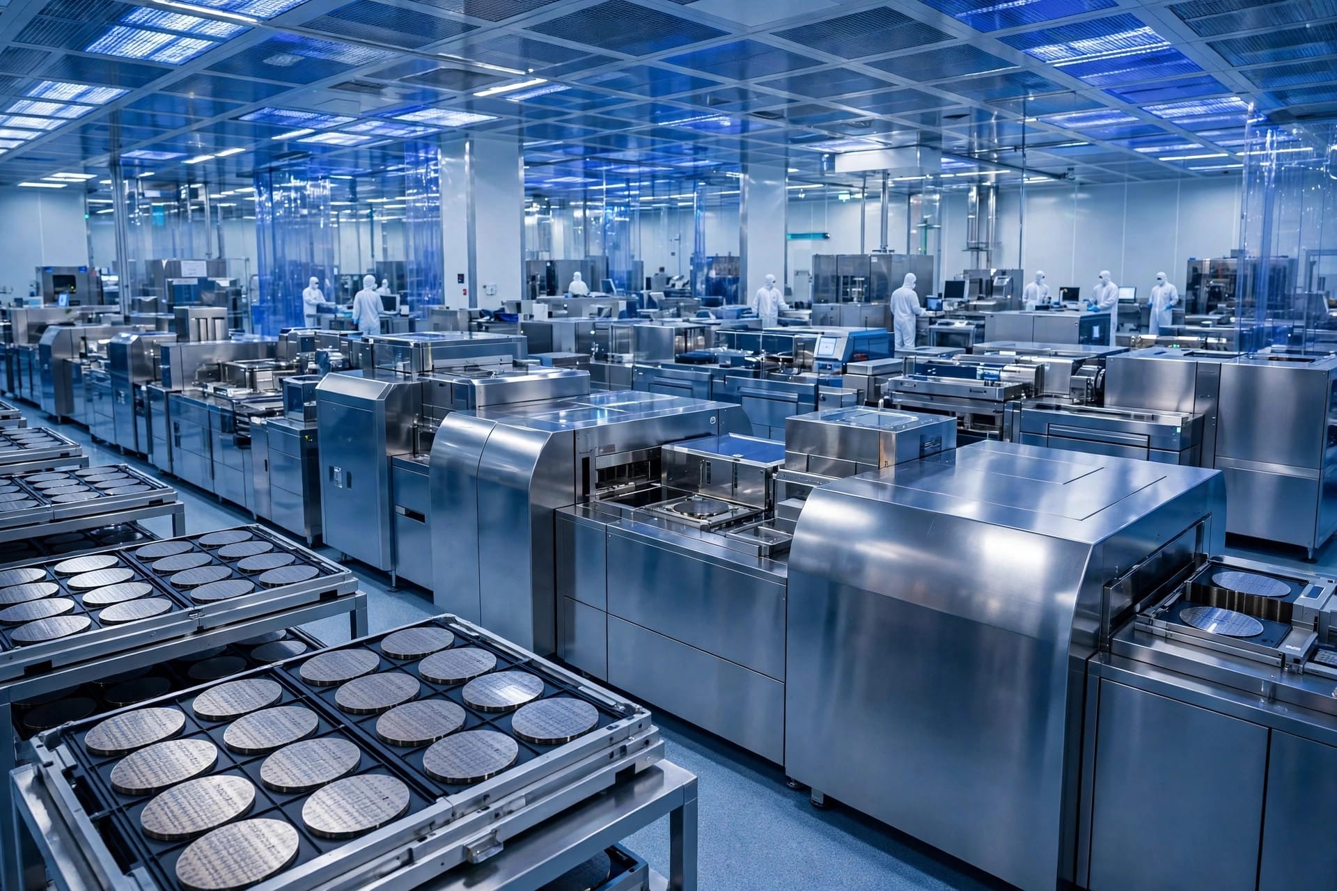 Engineers in white clean-room suits working among rows of silicon wafers and chip fabrication equipment