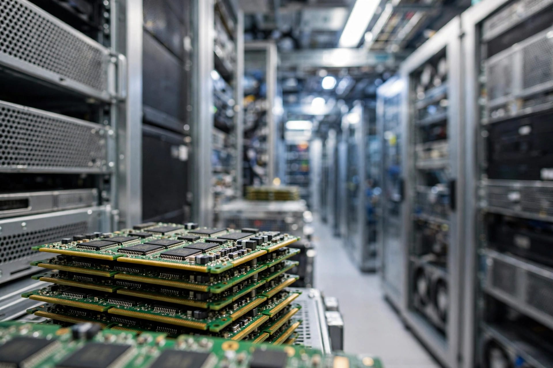 Computer memory modules and server hardware in a bright data centre aisle