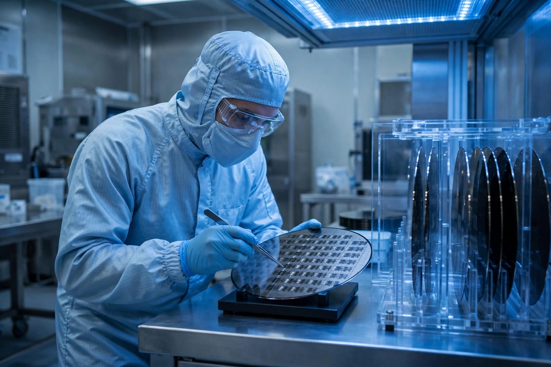 Cleanroom engineer inspecting silicon wafers for advanced 3-nanometre chip production