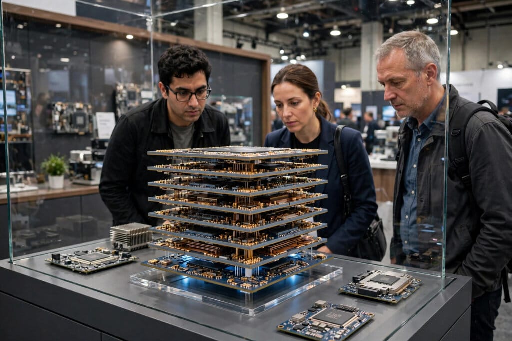 High-bandwidth memory chip stack for Nvidia AI accelerators shown at a semiconductor exhibition