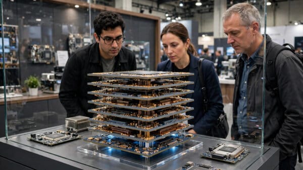 High-bandwidth memory chip stack for Nvidia AI accelerators shown at a semiconductor exhibition