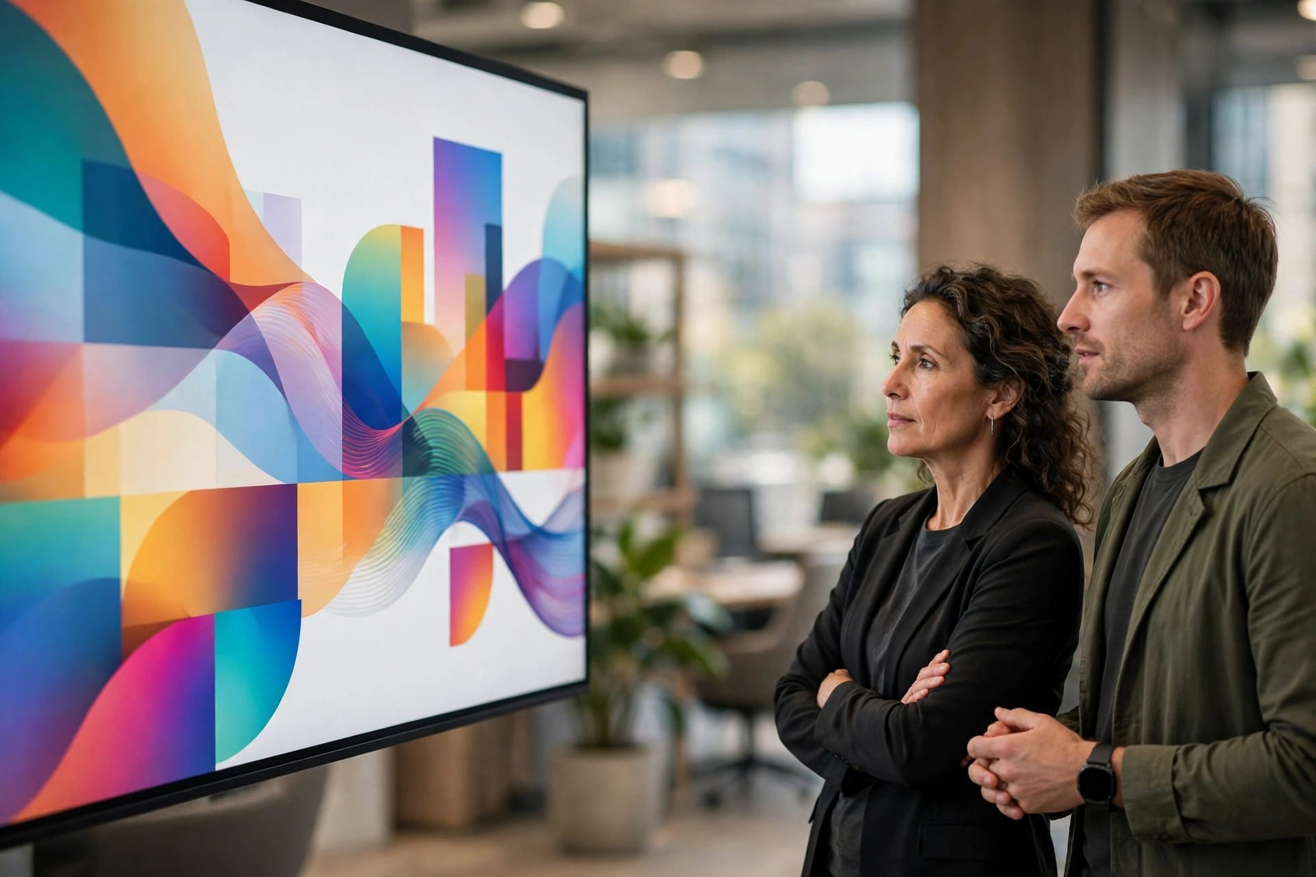 Two professionals reviewing abstract charts on a large screen