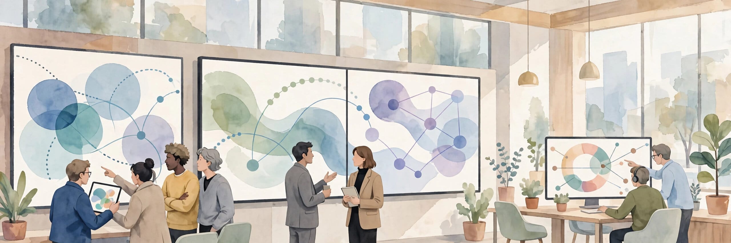 Business people reviewing software on large screens in a bright modern office