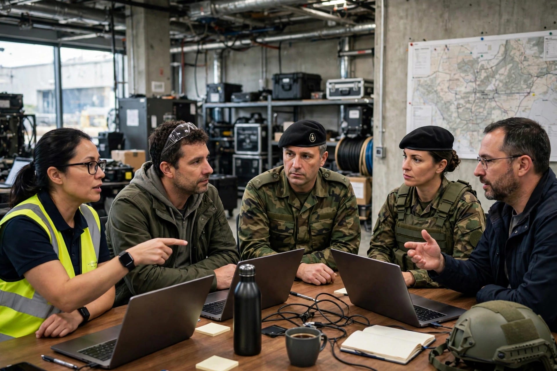 Defence officers and engineers discussing AI systems around a table with laptops and a wall map