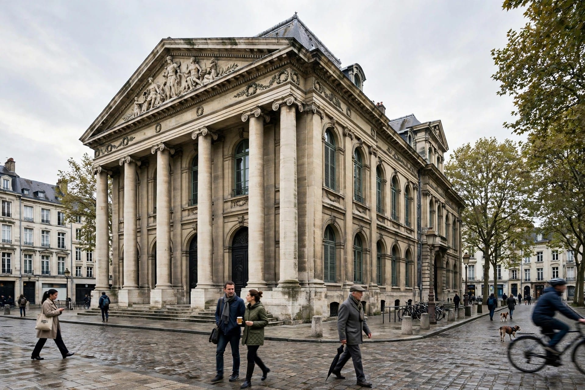 European courthouse exterior with people walking past in soft daylight