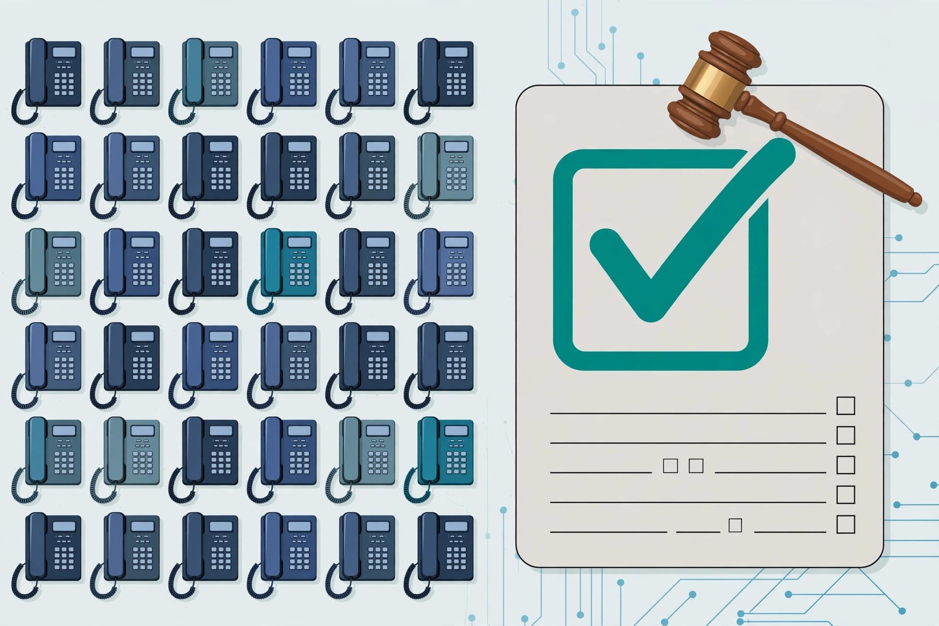 Illustration of telephones and a consent checklist with a gavel for the FCC AI robocall rules