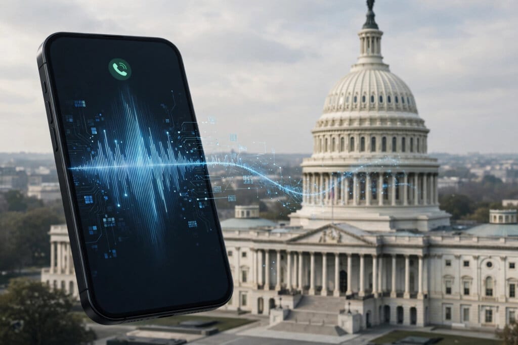 Smartphone showing an AI voice call waveform in front of the US Capitol during the FCC robocall debate