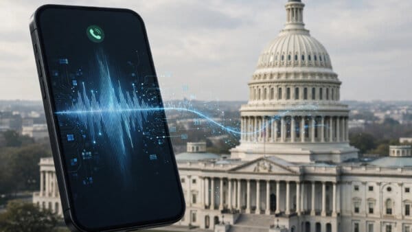 Smartphone showing an AI voice call waveform in front of the US Capitol during the FCC robocall debate