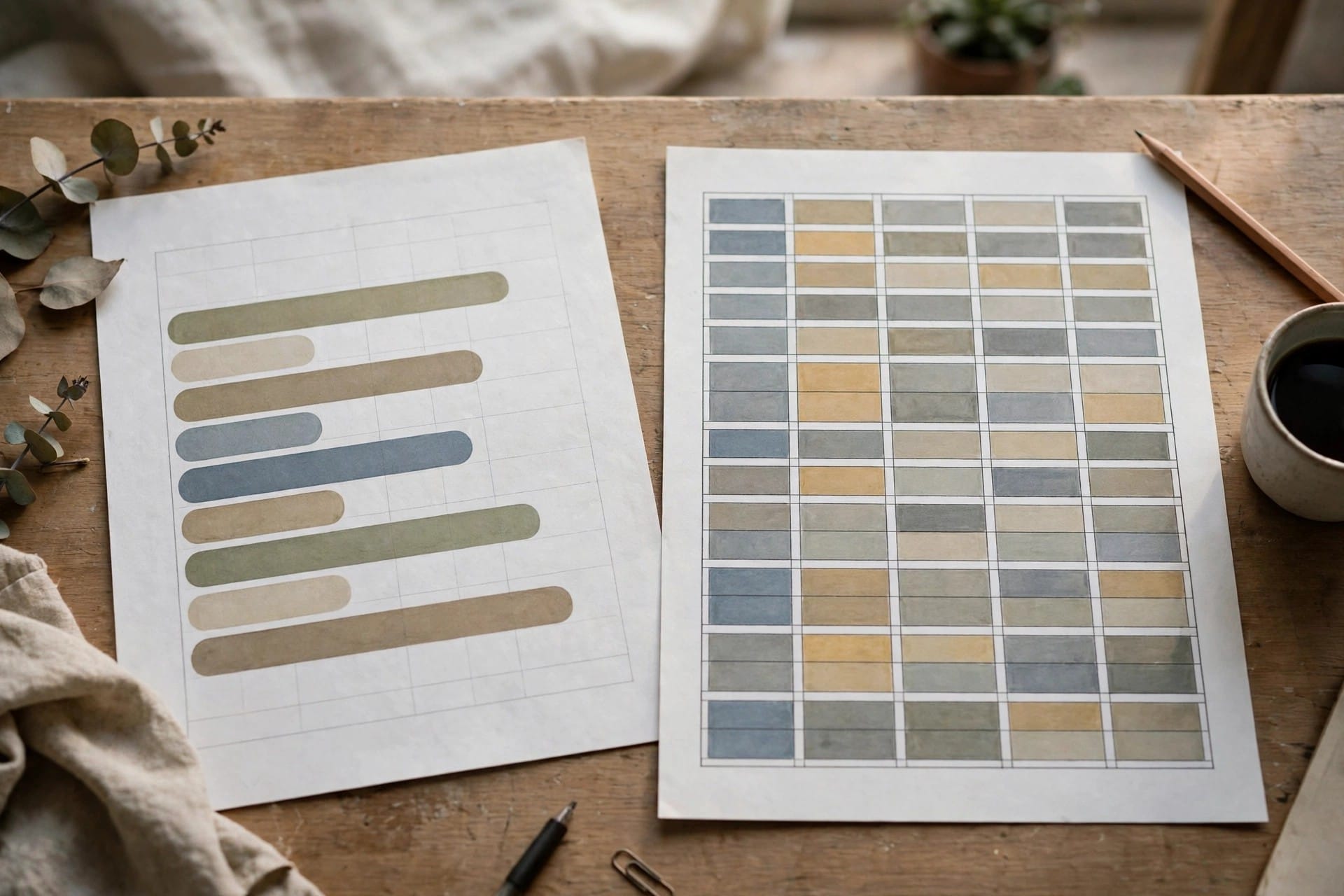 Two printed charts side by side showing a summary chart and a detailed table