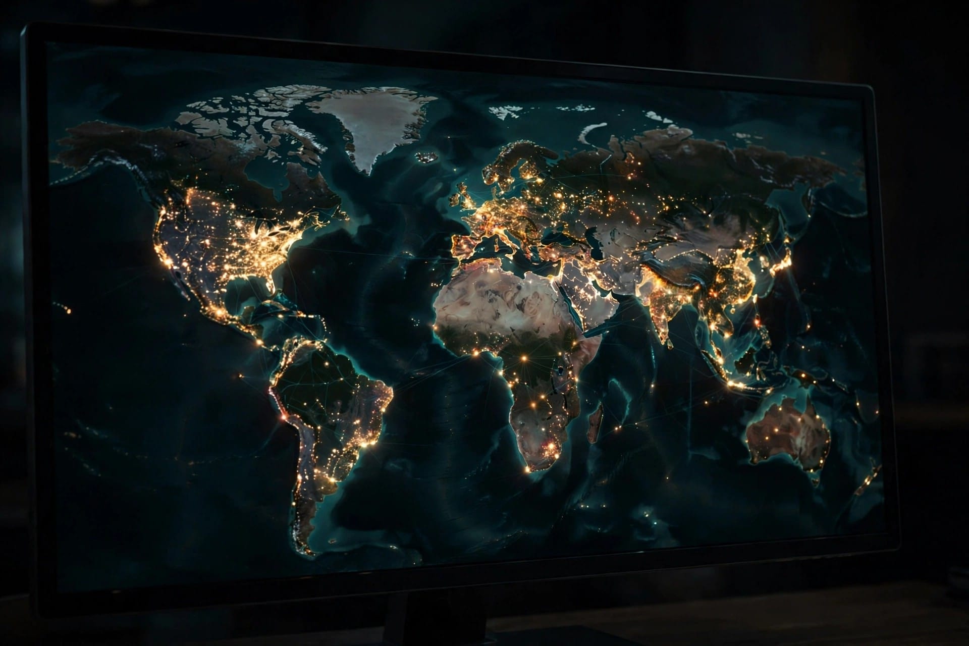 World map on a screen with glowing markers across continents