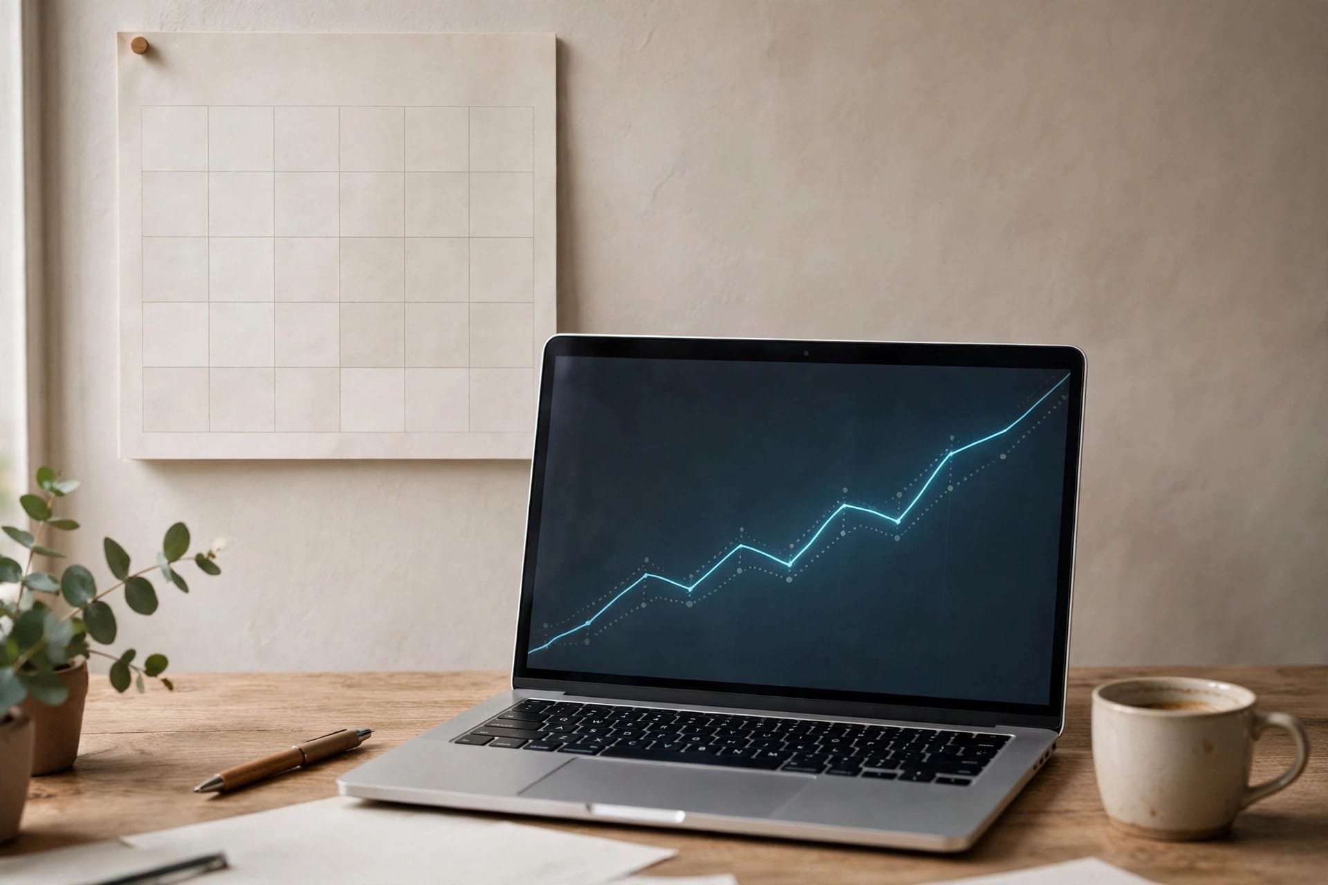 Laptop showing a rising trend line beside a wall calendar
