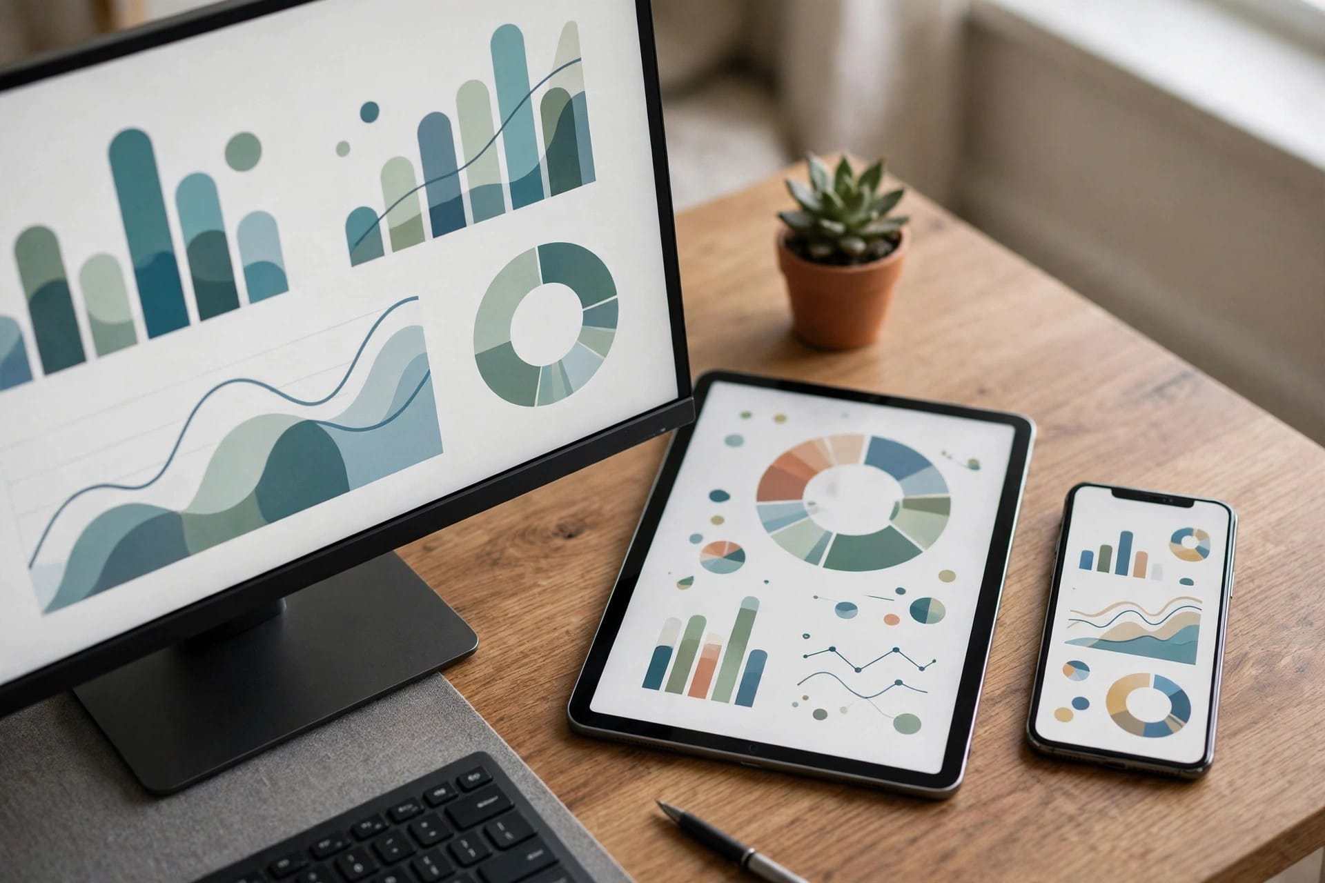 Desktop monitor, tablet and phone showing analytics charts side by side
