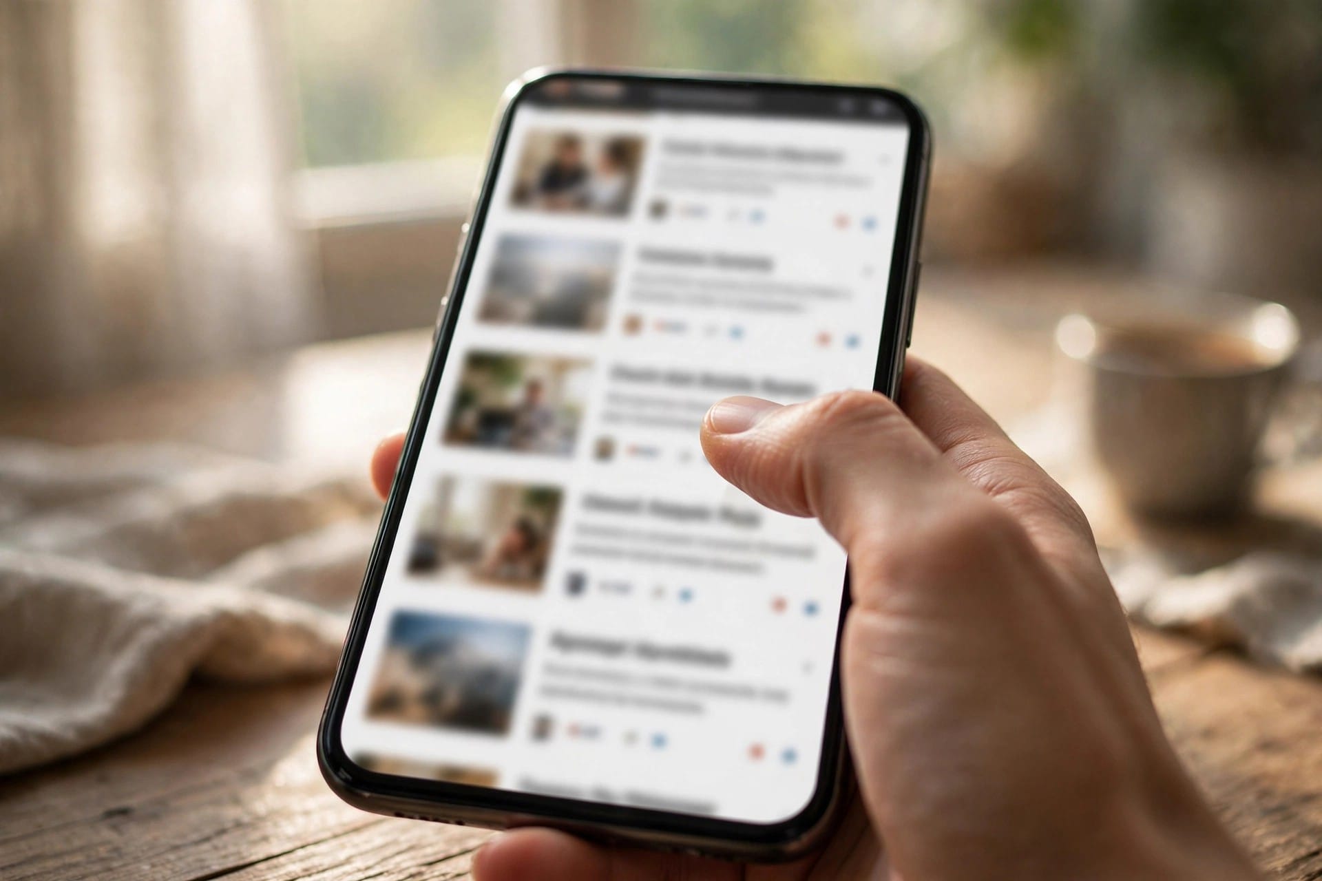Hand scrolling a personalized news feed of article cards on a phone