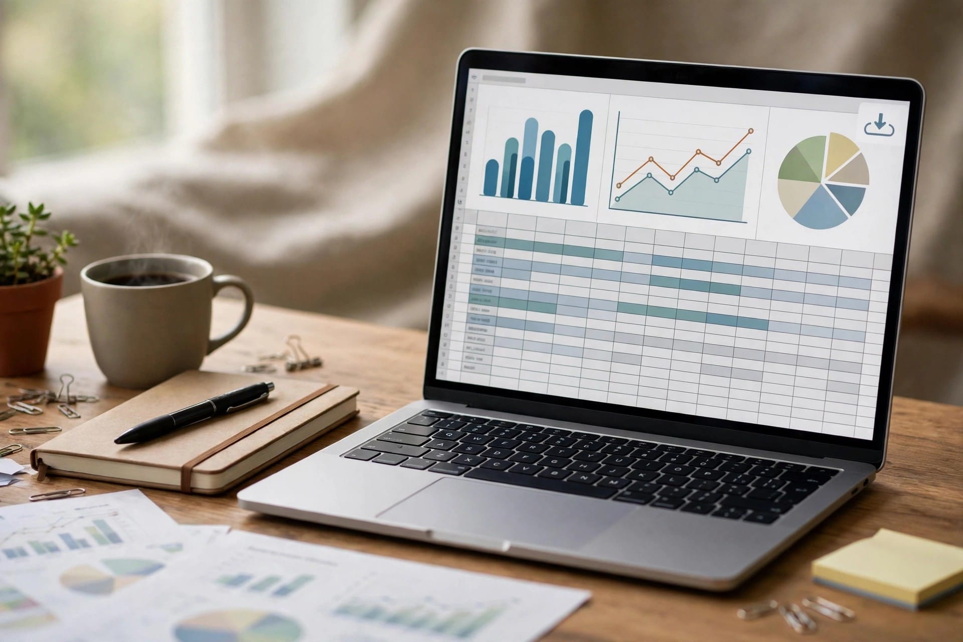 Laptop showing a spreadsheet with charts and a download symbol