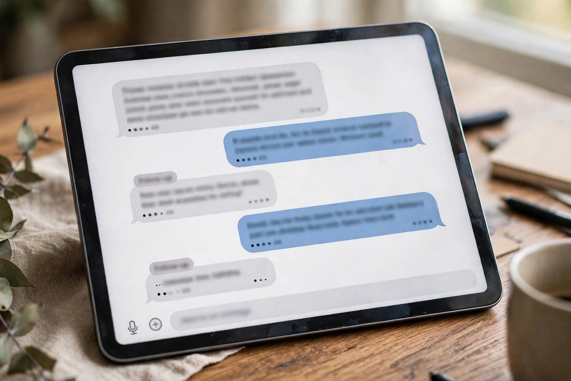 Conversational question-and-answer thread with follow-up bubbles on a tablet