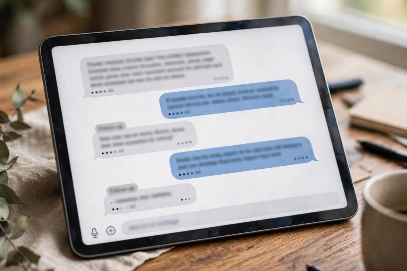 Conversational question-and-answer thread with follow-up bubbles on a tablet