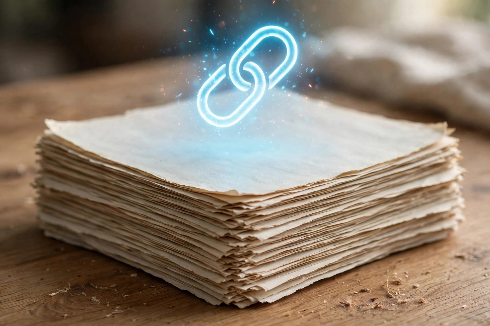 Stack of article pages with a glowing link symbol above them