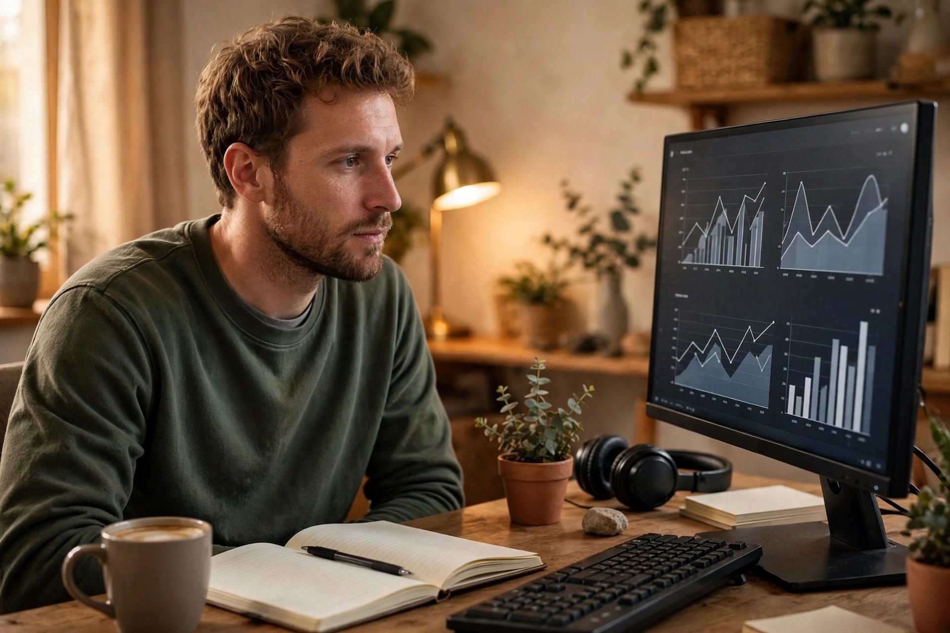 Publisher reviewing website traffic charts on a monitor at a desk