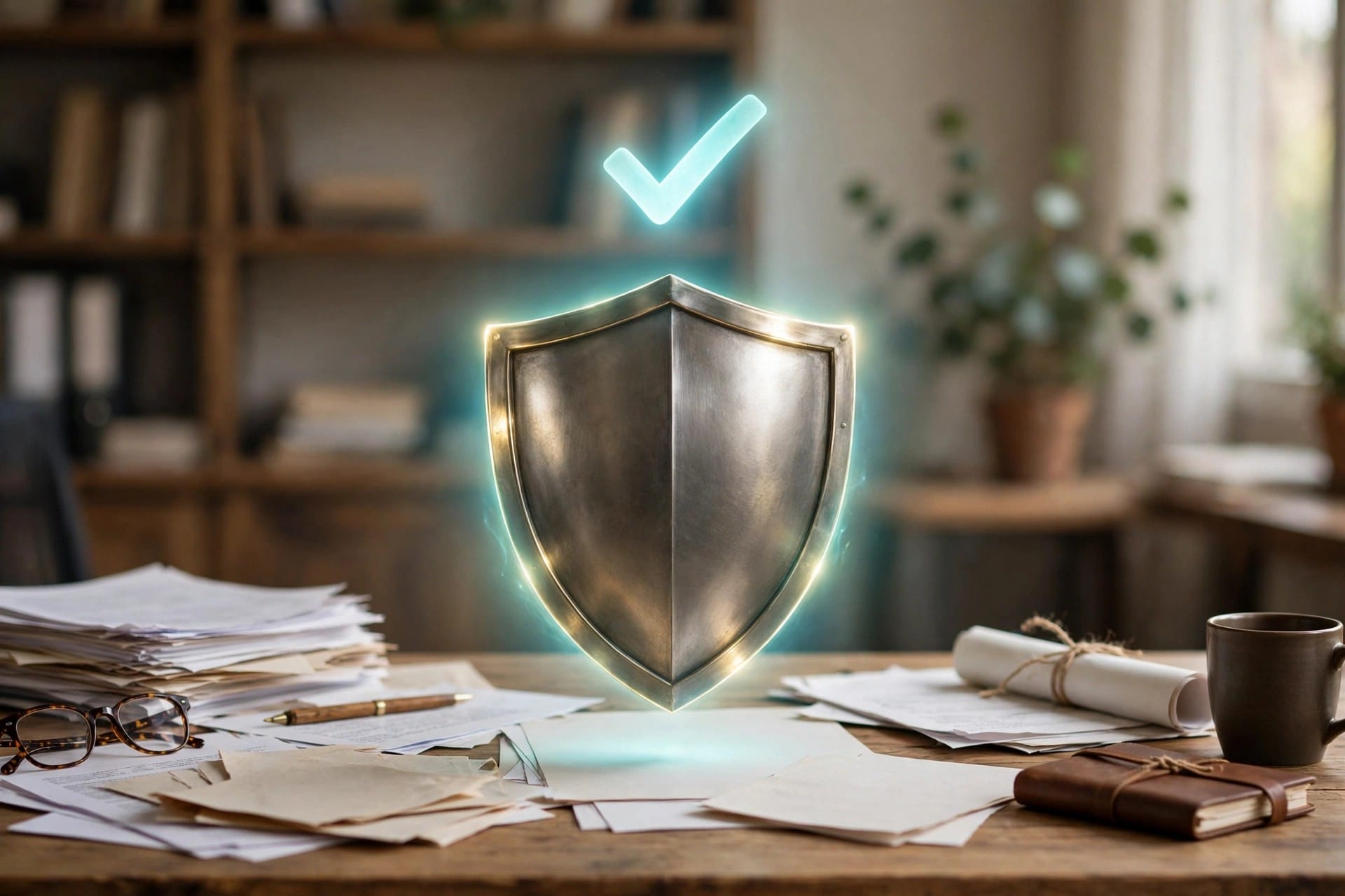 Glowing shield with a checkmark above a desk of documents
