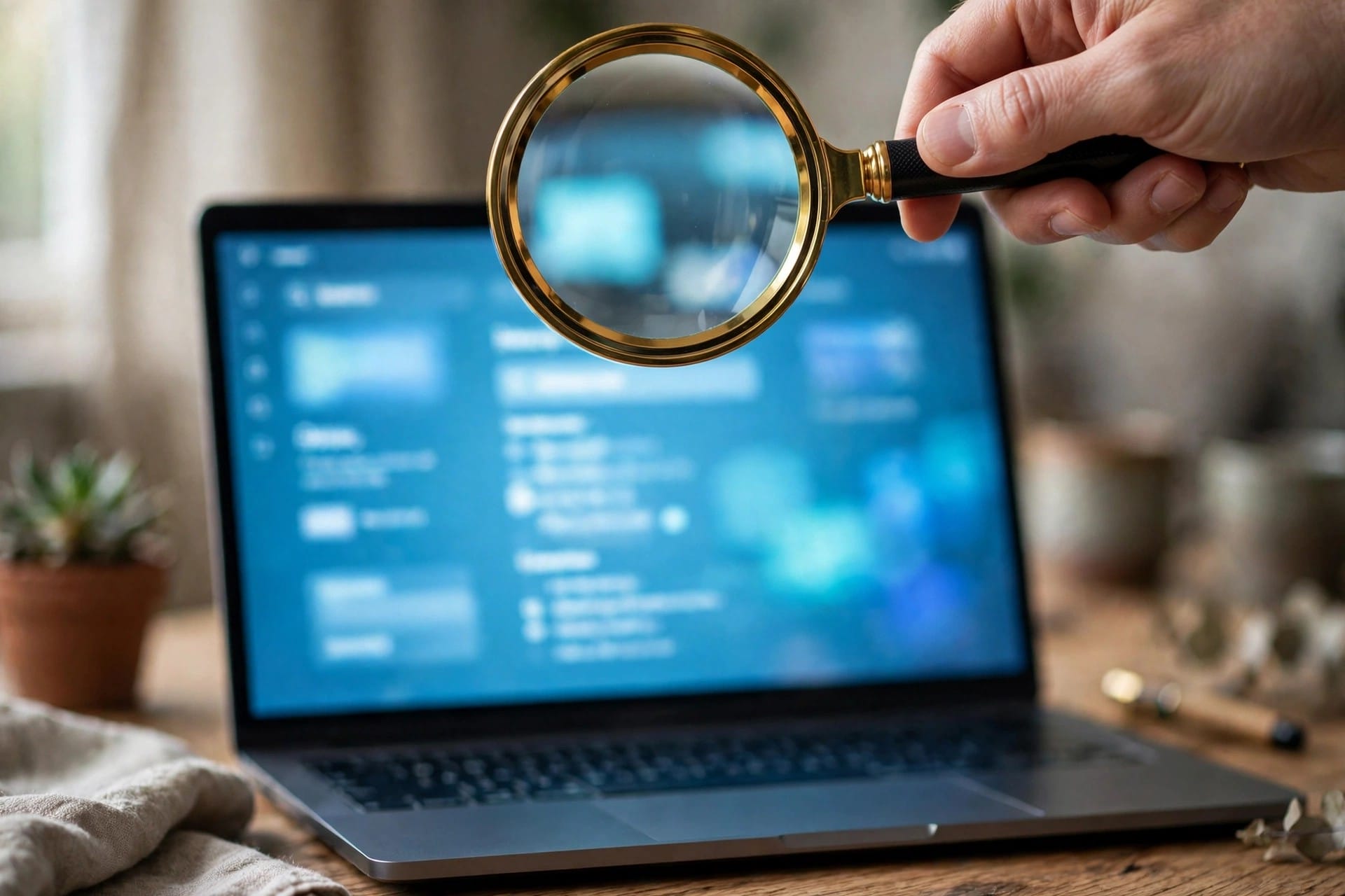 Magnifying glass held over glowing search results on a laptop screen