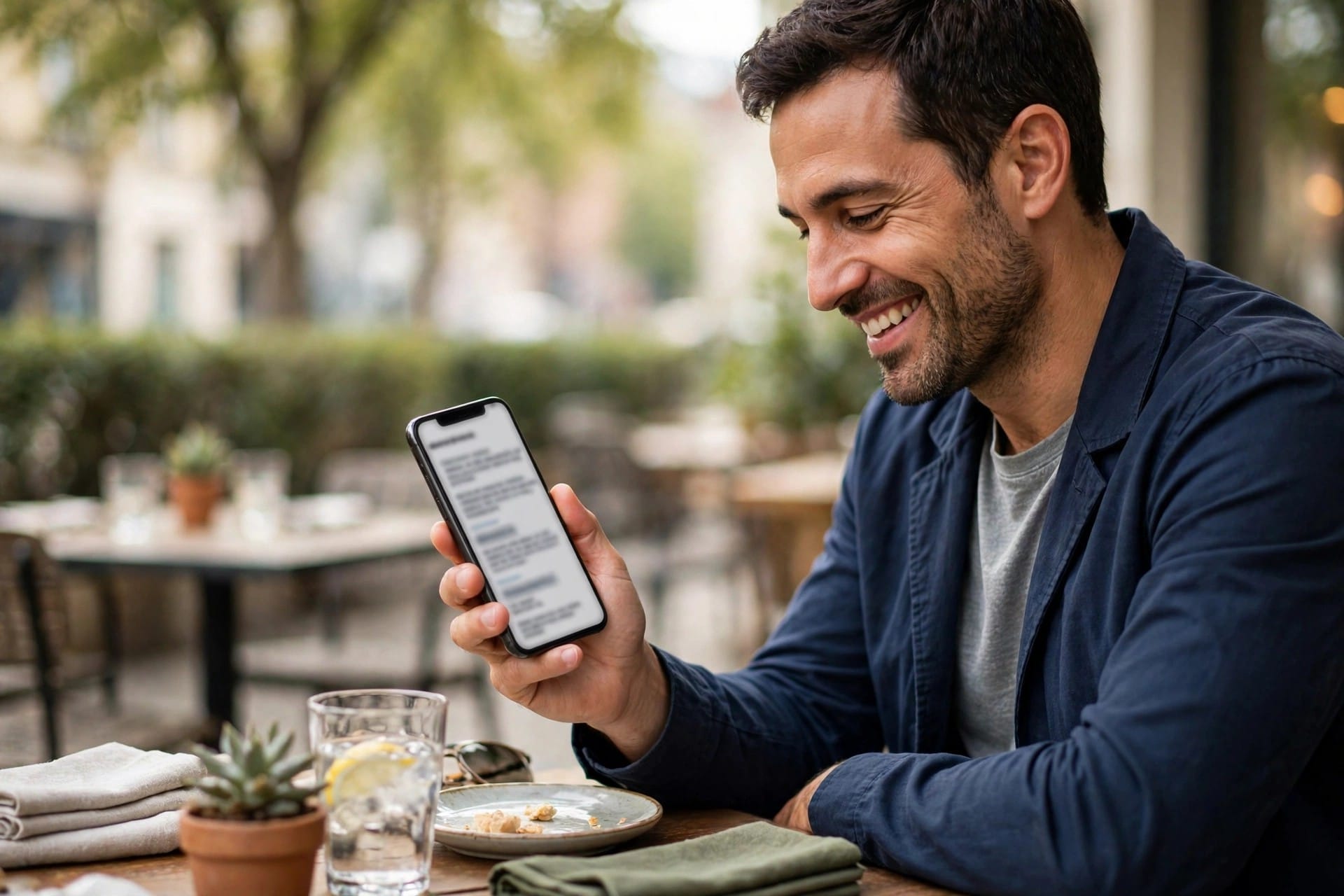 Smiling person reading a complete answer on a phone outdoors