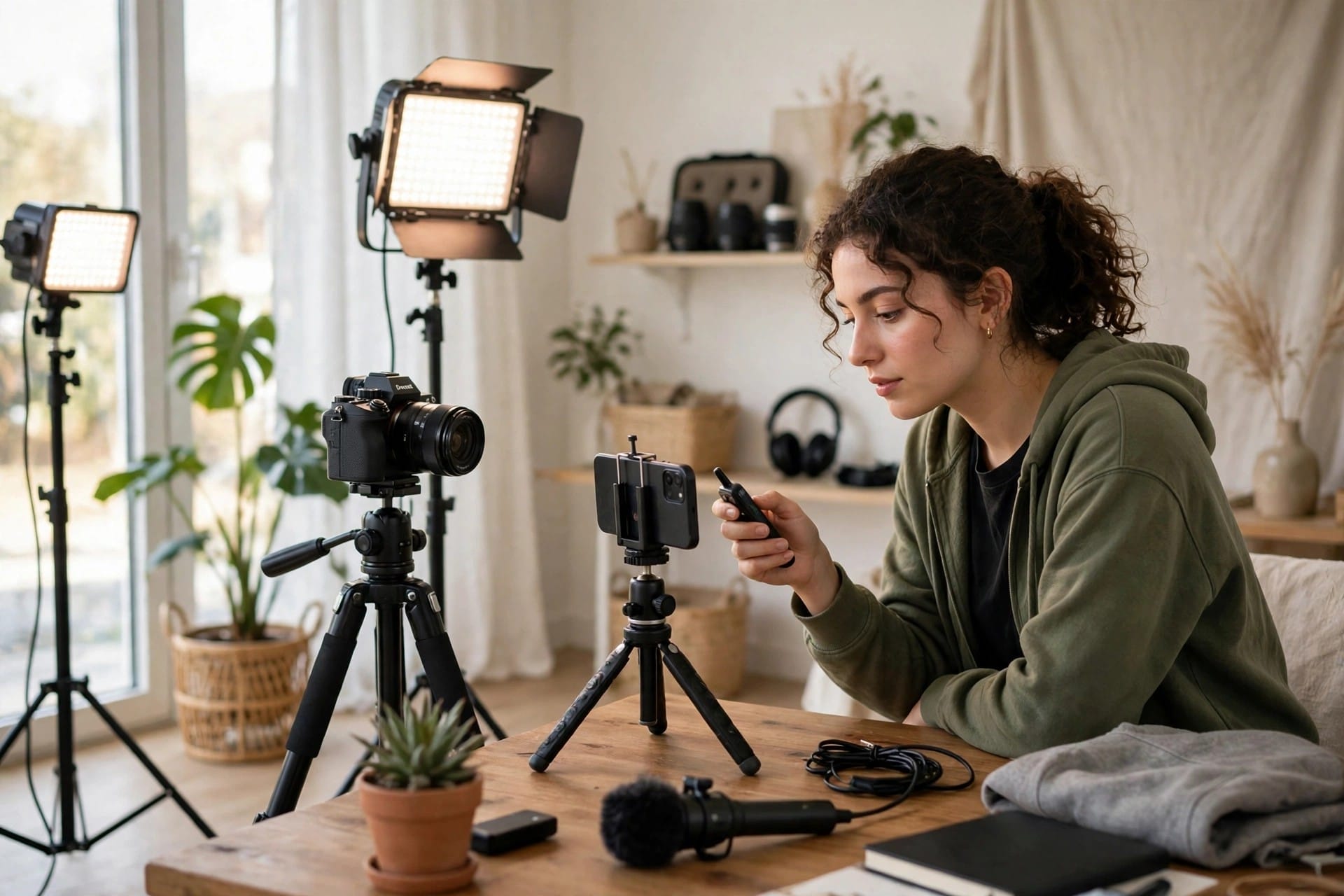 Creator filming a short video with a phone on a tripod in a bright room