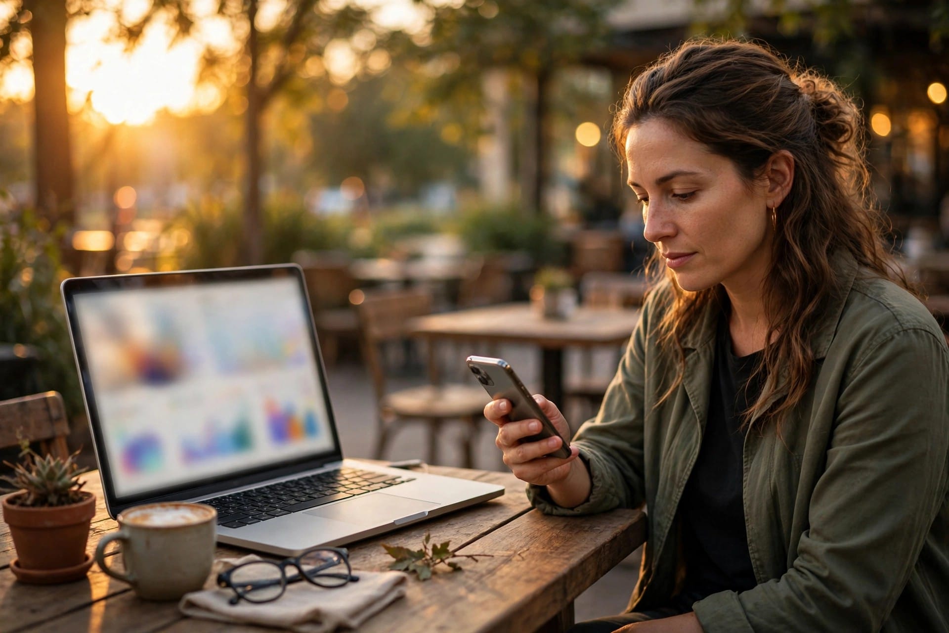 Person searching on a phone beside a laptop with blurred analytics charts