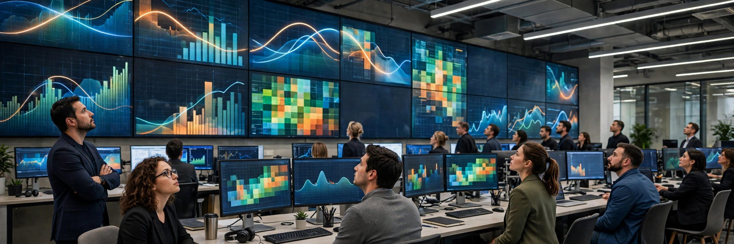 Stock market trading floor with analysts watching large market data screens