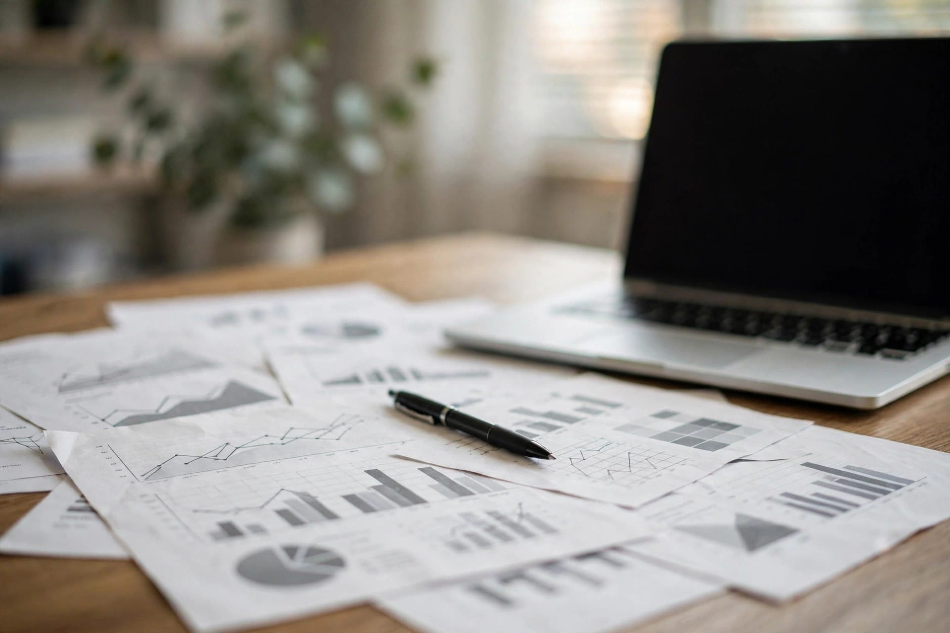 Financial documents, a pen and a laptop on an office desk