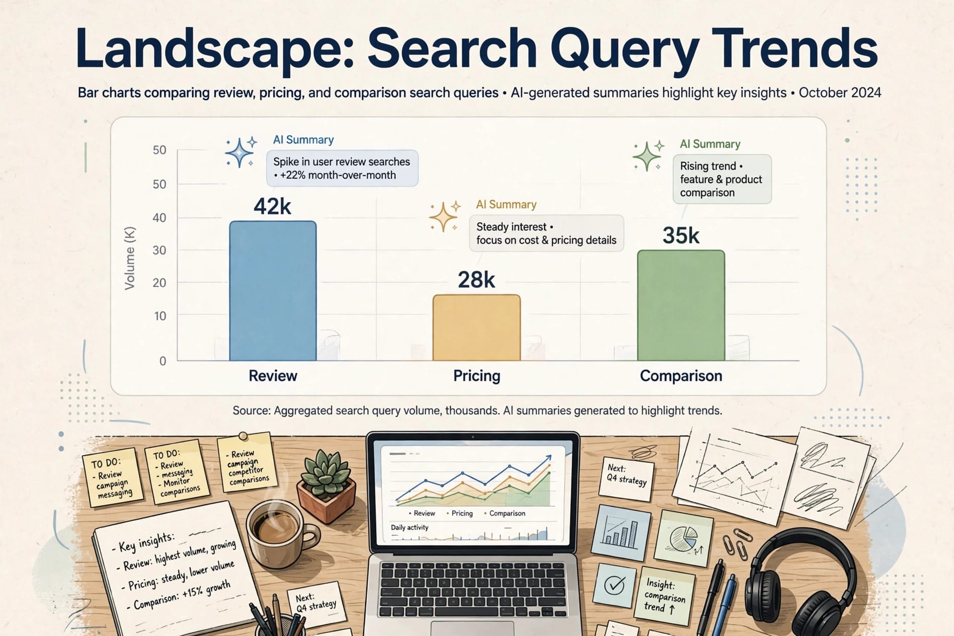 Charts comparing AI Overview coverage across review, pricing and comparison searches in the Semrush study