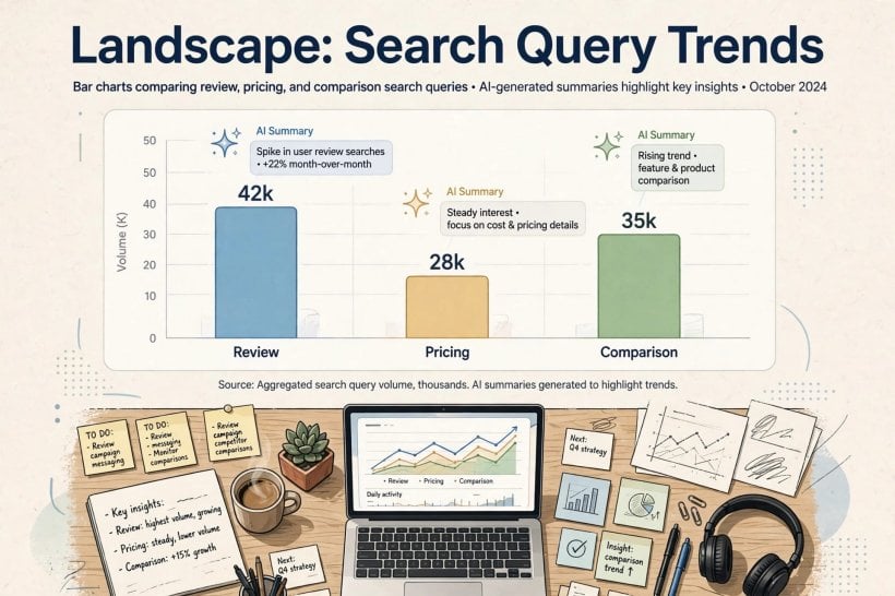 Charts comparing AI Overview coverage across review, pricing and comparison searches in the Semrush study