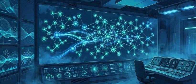 Digital control room console with a wall display of connected agent nodes