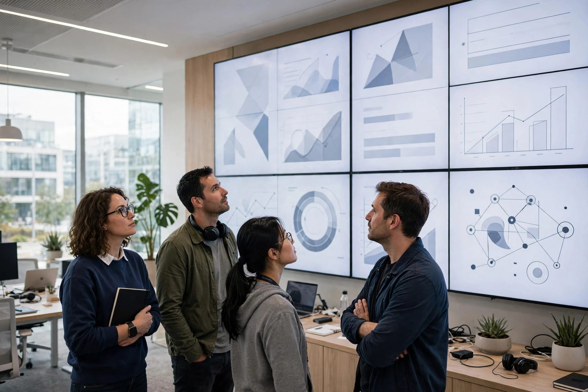 An IT team reviewing abstract charts on large wall screens