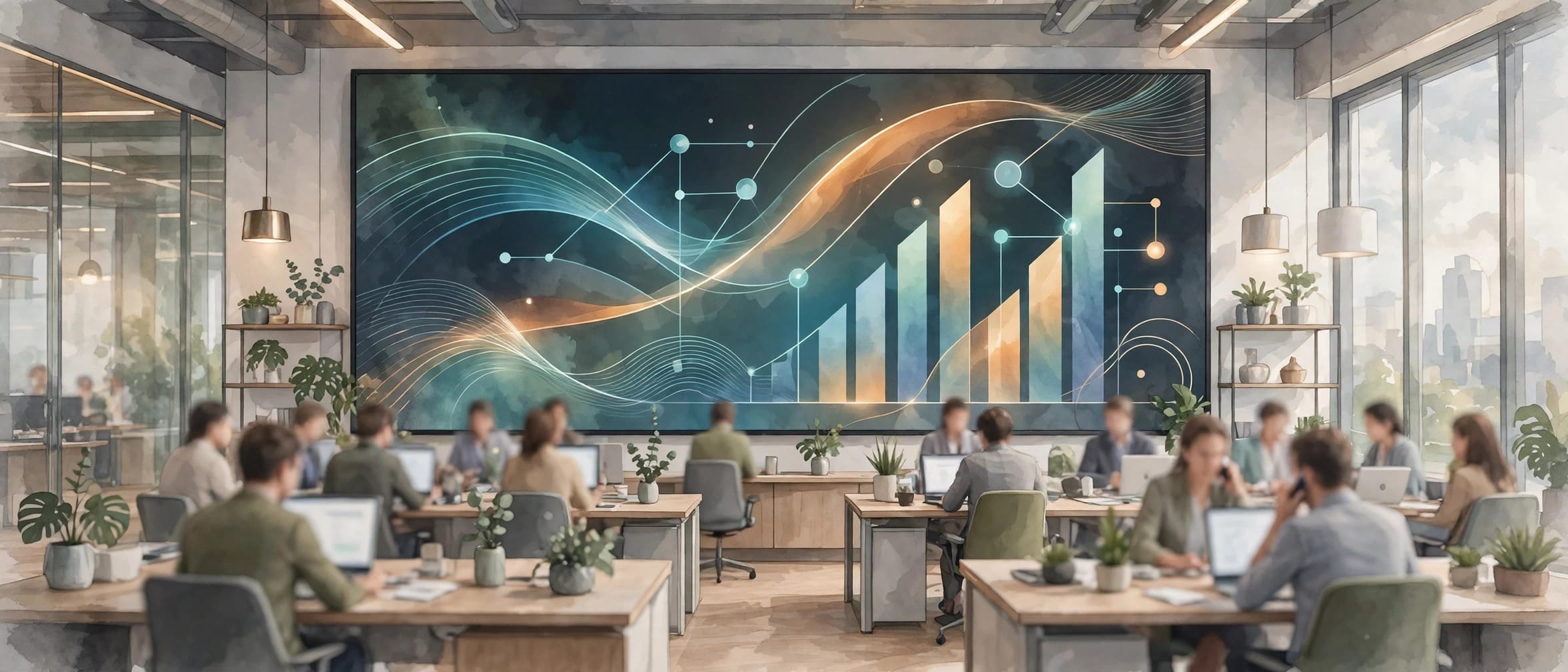 Enterprise office with a large wall screen showing workflow charts and rising graphs