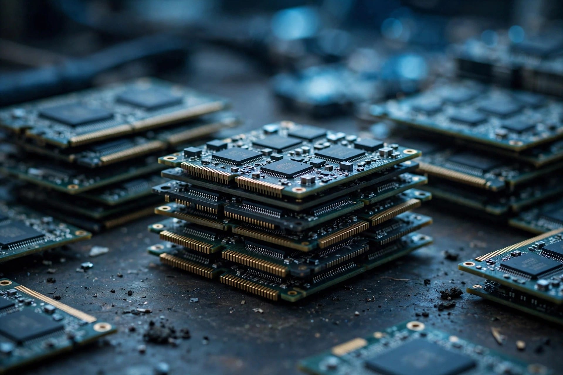 Stacked computer memory chips on a circuit board