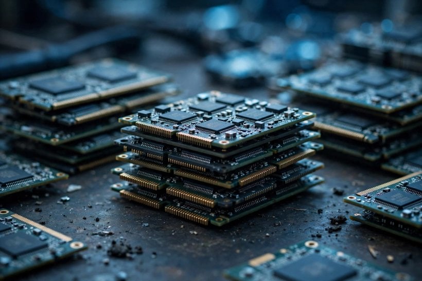 Stacked computer memory chips on a circuit board