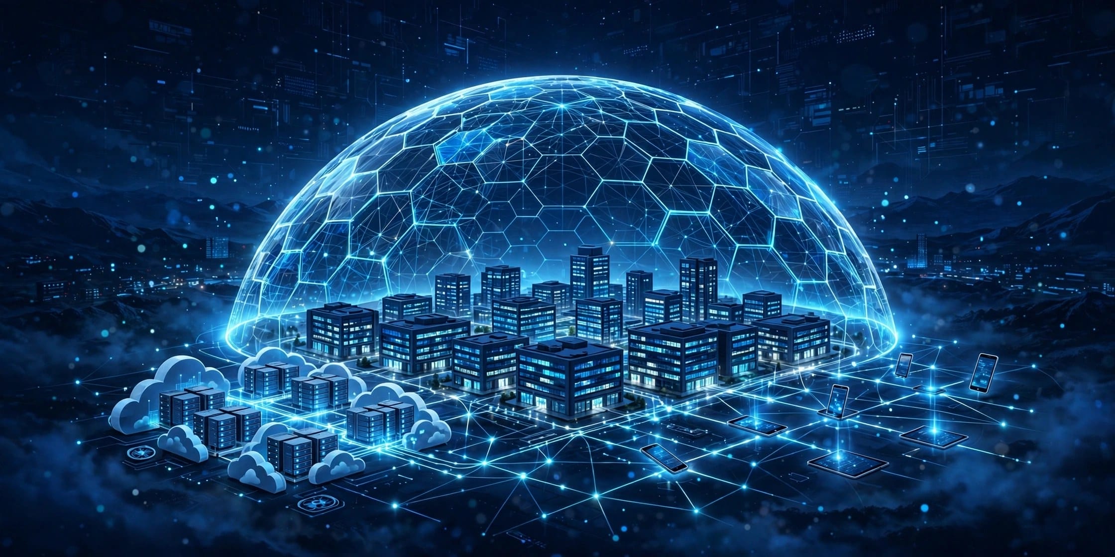 A glowing digital shield protecting offices, cloud servers and mobile devices