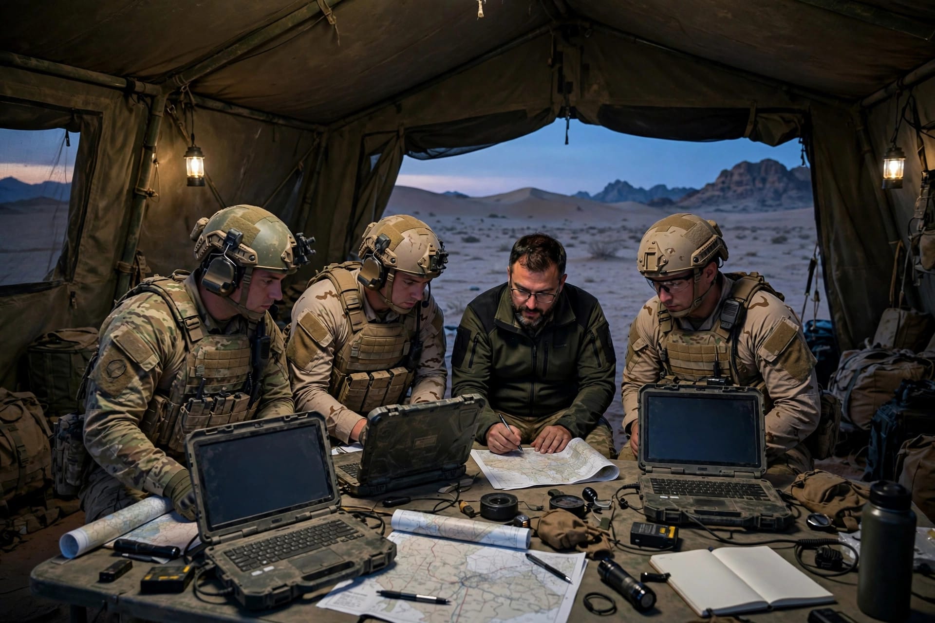 Special operations personnel review plans on rugged laptops in a field operations tent