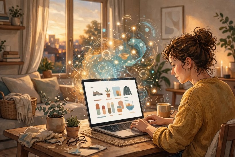Shopper using a laptop at home with an AI assistant