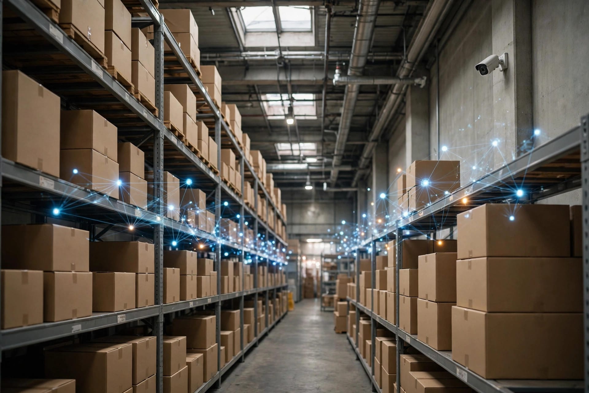 Warehouse aisle with a wall-mounted security camera and glowing data nodes above stacked boxes