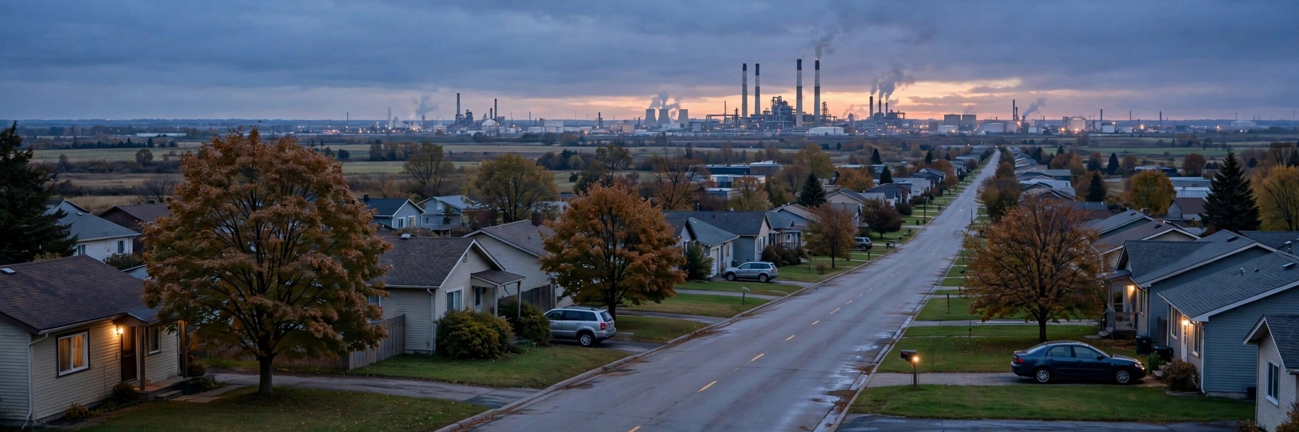 A suburban street at dusk with an industrial plant visible in the distance